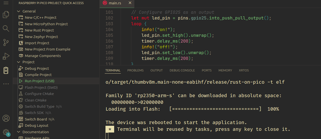 Running Rust Project with Vscode for Raspberry Pi Pico 2 (RP2350)